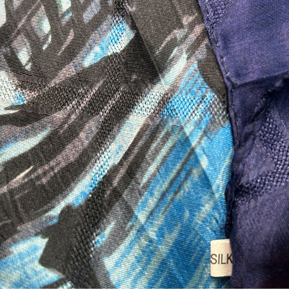 100% Silk Scarf – Colorful Blue Green Orange Abstract Art – Square 32.5” x 35” - Picture 7 of 9